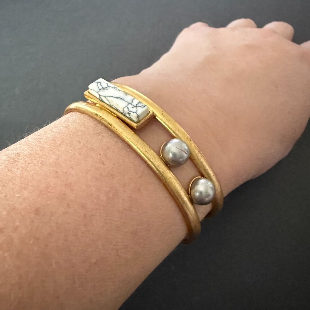 Madewell Gold-Tone Cuff Bracelet Faux Marble Faux Pearl Accents Adjustable Fit - Picture 2 of 10